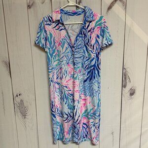 Lilly Pulitzer Sadie Polo Dress Small Crew Blue Tint Kaleidoscope Coral EUC